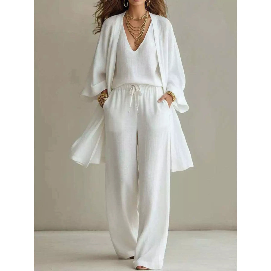 V-Neck Top & Cardigan & Pants Three-Piece Set White / S Apparel and Accessories