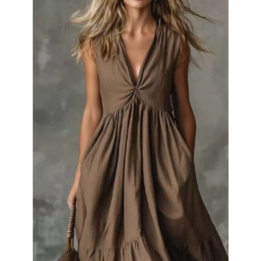 V-Neck Twisted Tiered Midi Dress Apparel and Accessories