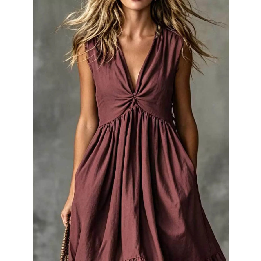V-Neck Twisted Tiered Midi Dress Apparel and Accessories