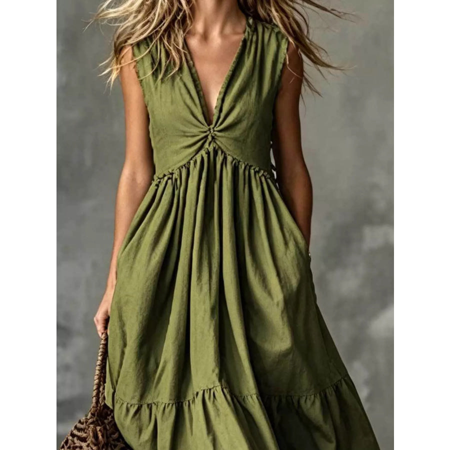 V-Neck Twisted Tiered Midi Dress Apparel and Accessories