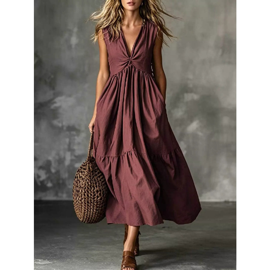 V-Neck Twisted Tiered Midi Dress Deep Purple / S Apparel and Accessories