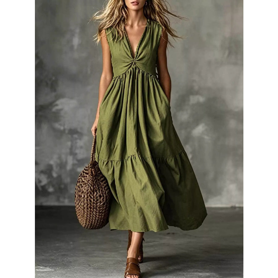 V-Neck Twisted Tiered Midi Dress Moss / S Apparel and Accessories