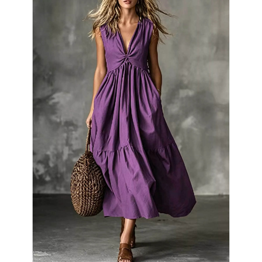 V-Neck Twisted Tiered Midi Dress Purple / S Apparel and Accessories