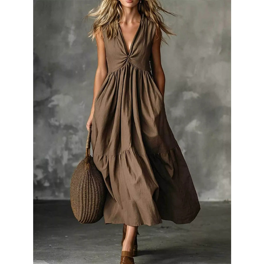 V-Neck Twisted Tiered Midi Dress Taupe / S Apparel and Accessories
