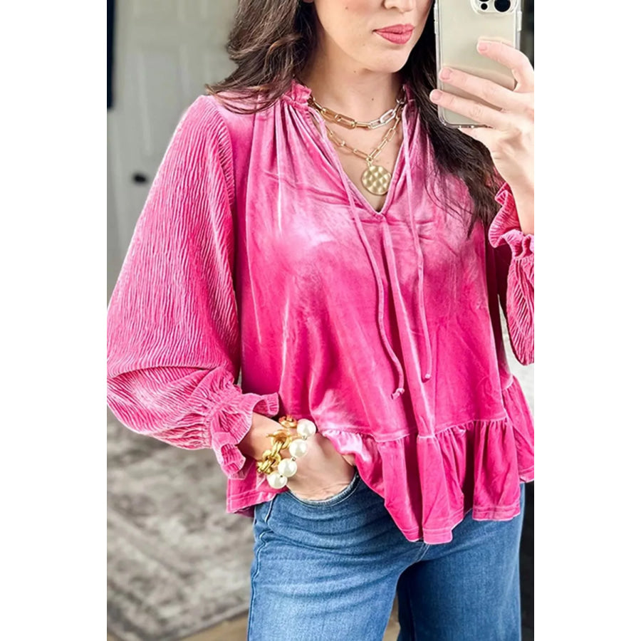 V Neck Velvet Ruffled Cuffs Hem Long Sleeve Top Apparel and Accessories