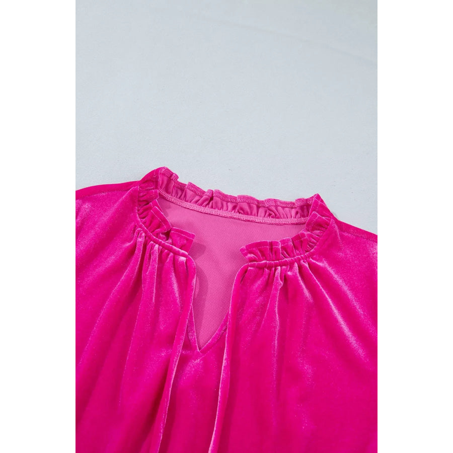 V Neck Velvet Ruffled Cuffs Hem Long Sleeve Top Apparel and Accessories