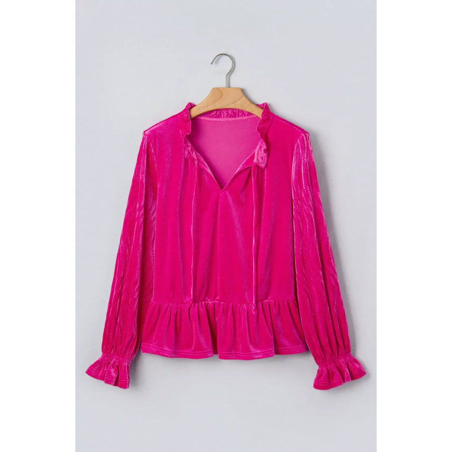 V Neck Velvet Ruffled Cuffs Hem Long Sleeve Top Apparel and Accessories