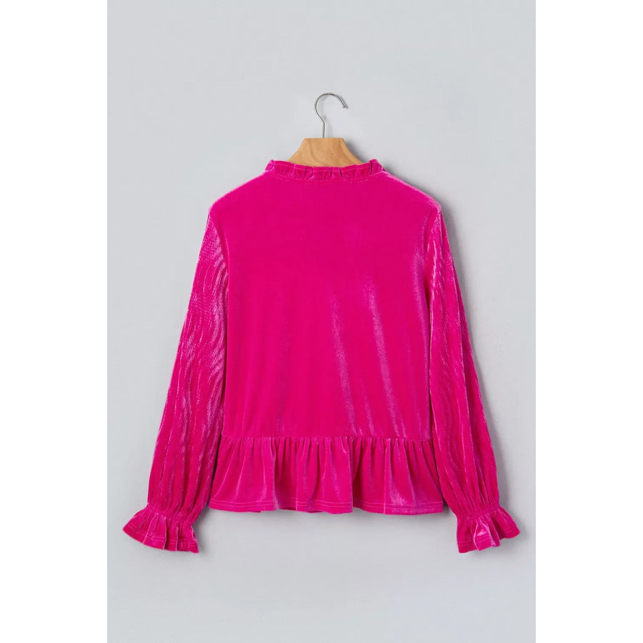 V Neck Velvet Ruffled Cuffs Hem Long Sleeve Top Apparel and Accessories