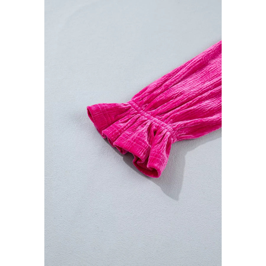 V Neck Velvet Ruffled Cuffs Hem Long Sleeve Top Apparel and Accessories