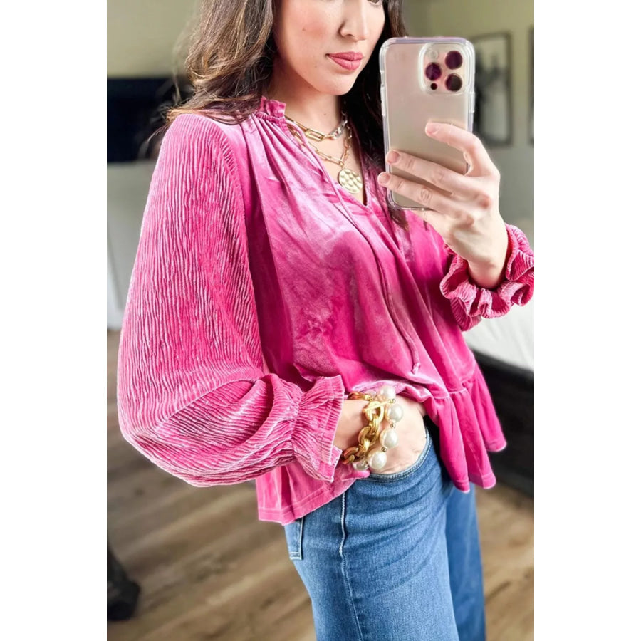 V Neck Velvet Ruffled Cuffs Hem Long Sleeve Top Hot Pink / S Apparel and Accessories