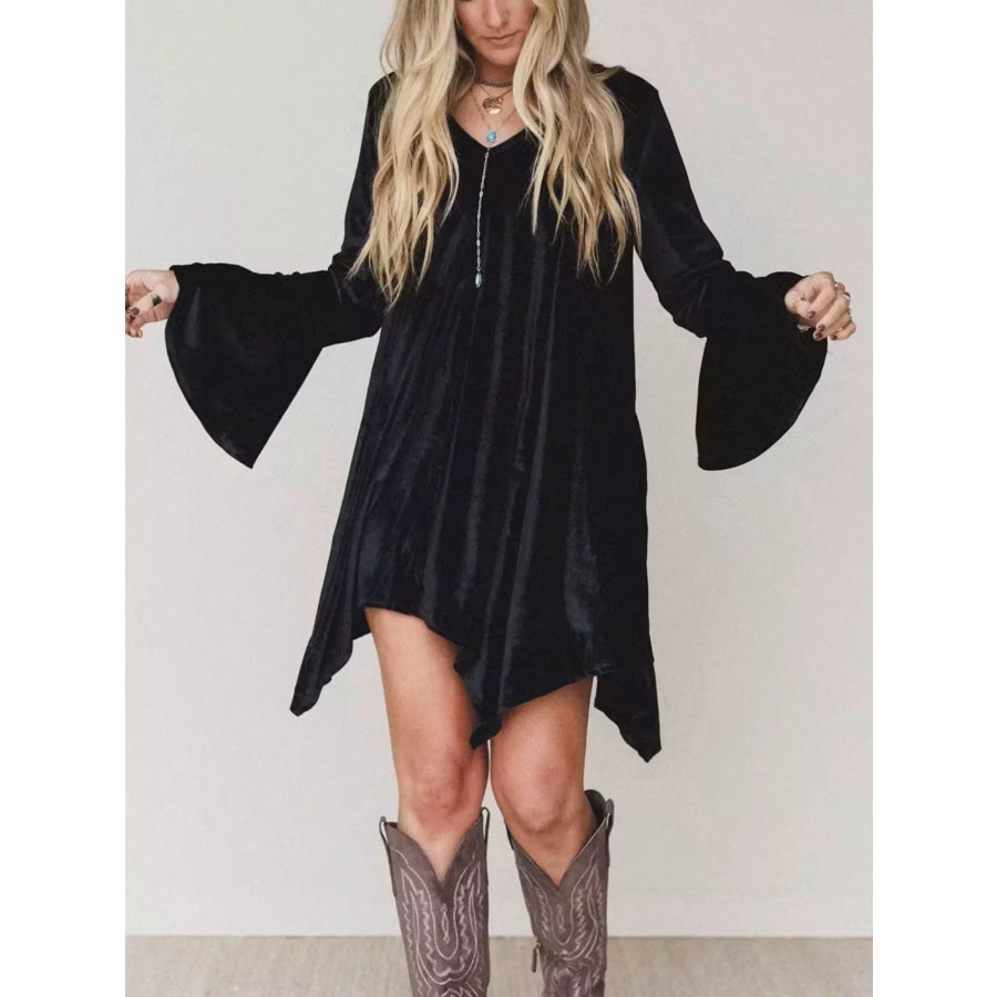 V-Neck Velvet Swing Asymmetrical Dress with Pockets Black / S