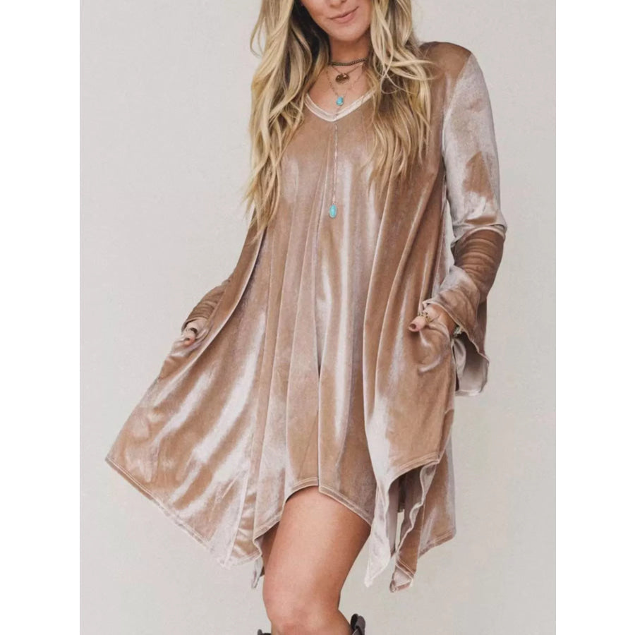 V-Neck Velvet Swing Asymmetrical Dress with Pockets Skin Tone / S