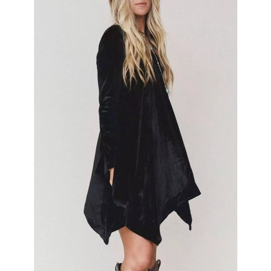 V-Neck Velvet Swing Asymmetrical Dress with Pockets