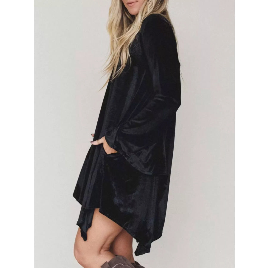 V-Neck Velvet Swing Asymmetrical Dress with Pockets