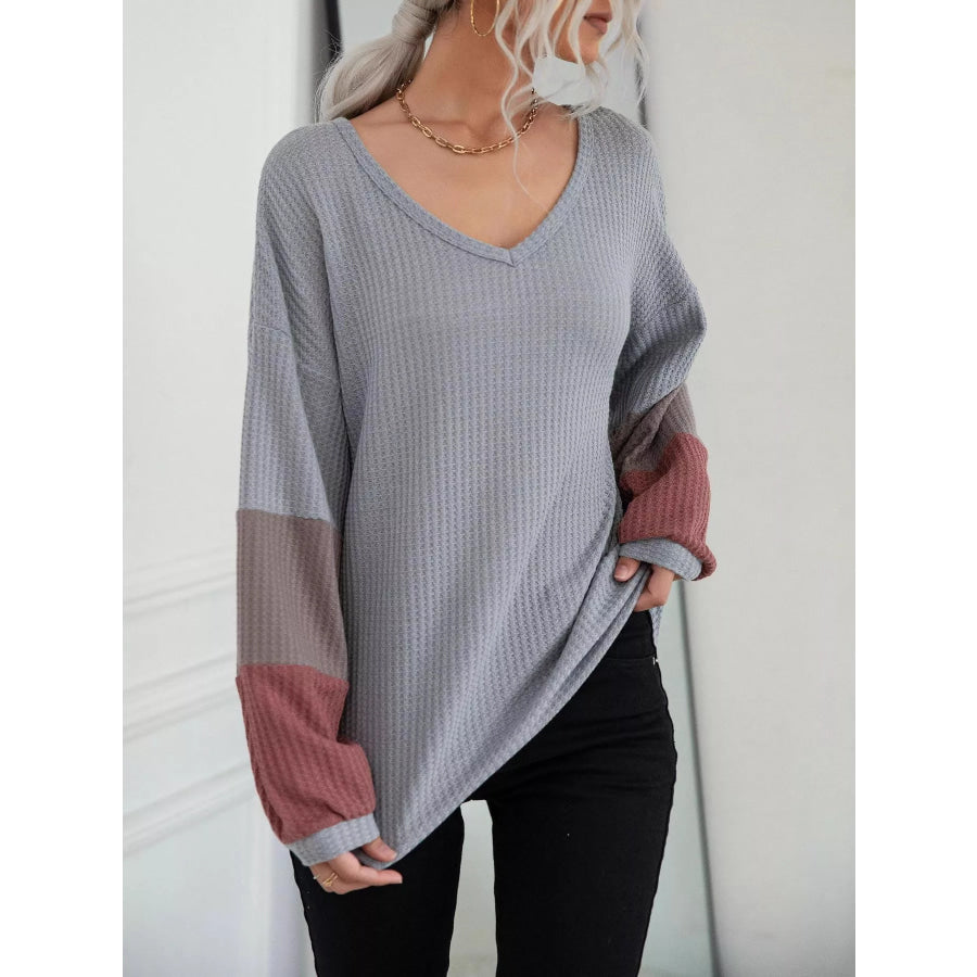 V-Neck Waffle Knit Long Sleeve T-Shirt Apparel and Accessories