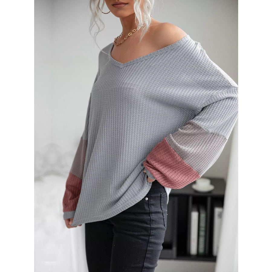 V-Neck Waffle Knit Long Sleeve T-Shirt Apparel and Accessories