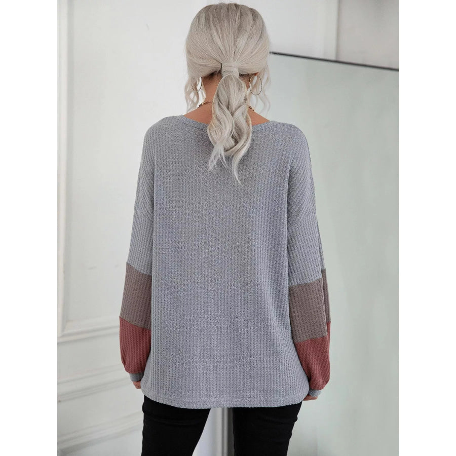 V-Neck Waffle Knit Long Sleeve T-Shirt Apparel and Accessories