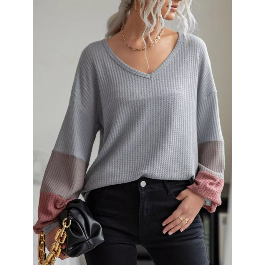 V-Neck Waffle Knit Long Sleeve T-Shirt Gray / S Apparel and Accessories