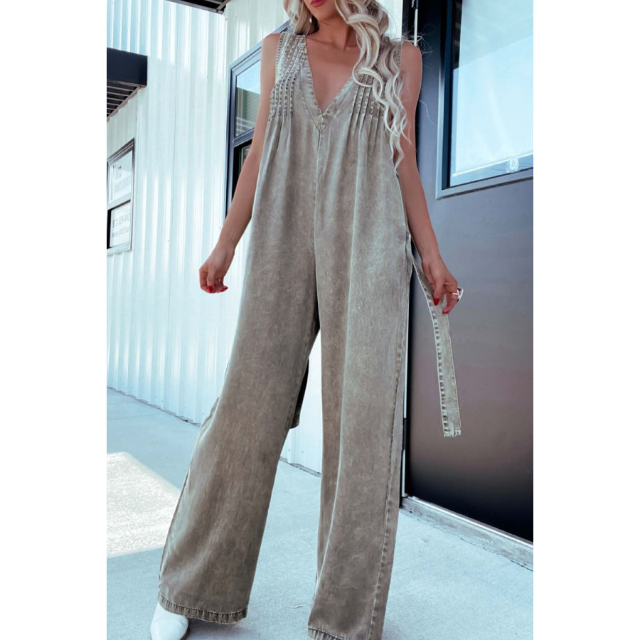 V-Neck Wide Leg Denim Jumpsuit Apparel and Accessories