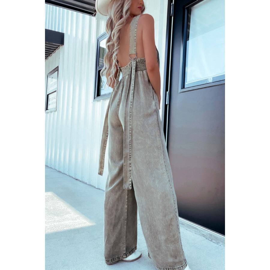 V-Neck Wide Leg Denim Jumpsuit Apparel and Accessories