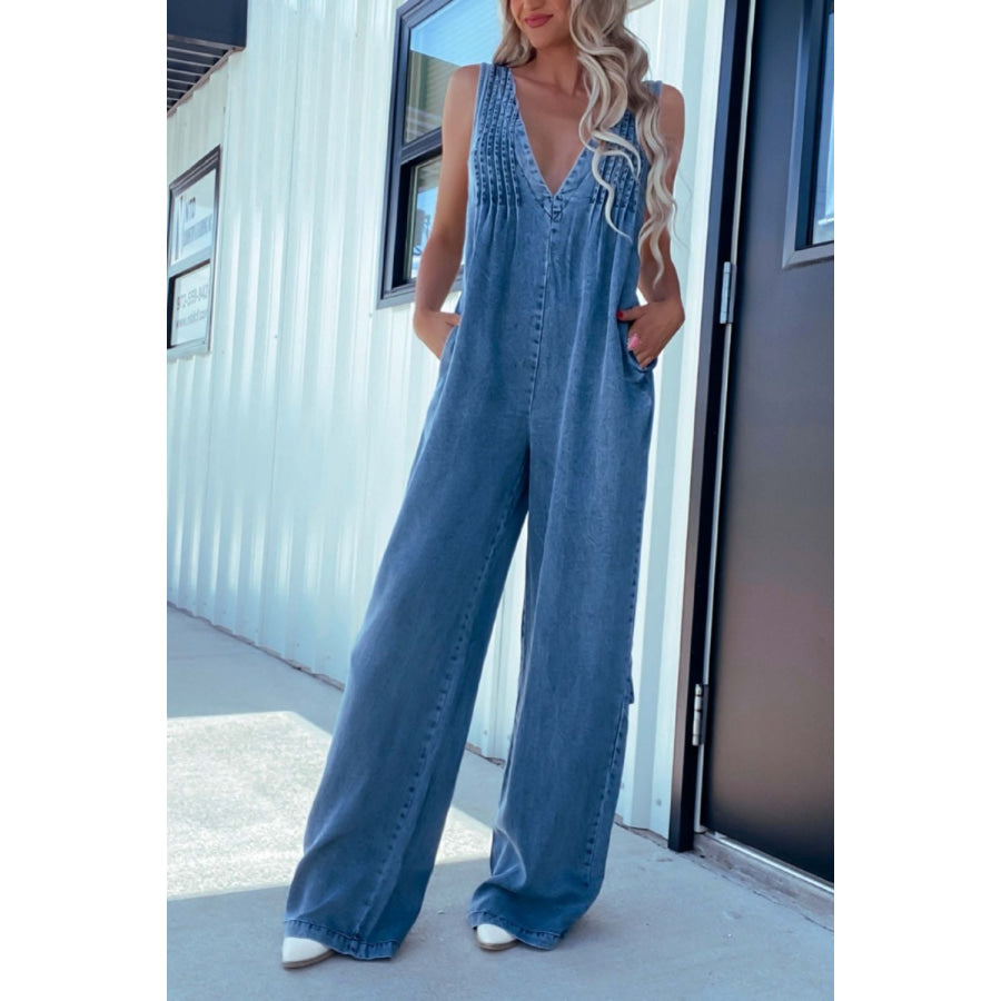 V-Neck Wide Leg Denim Jumpsuit Apparel and Accessories