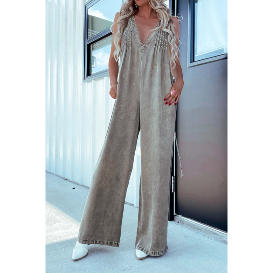 V-Neck Wide Leg Denim Jumpsuit Apparel and Accessories
