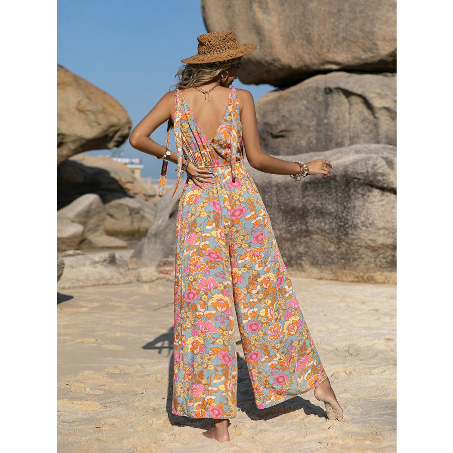 V-Neck Wide Leg Jumpsuit Floral / S Apparel and Accessories