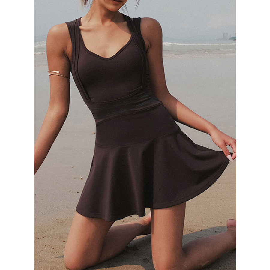 V - Neck Wide Strap Active Dress with Unitard Liner Black / S Apparel and Accessories