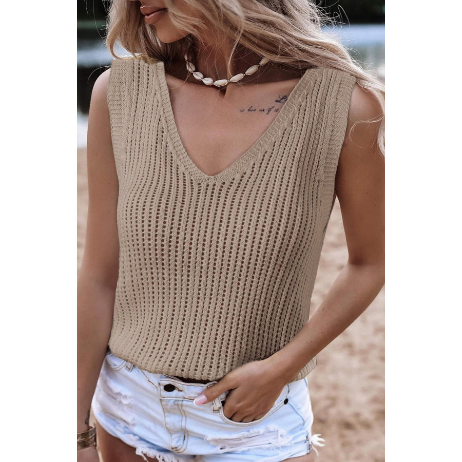 V - Neck Wide Strap Knit Vest Khaki / S Apparel and Accessories