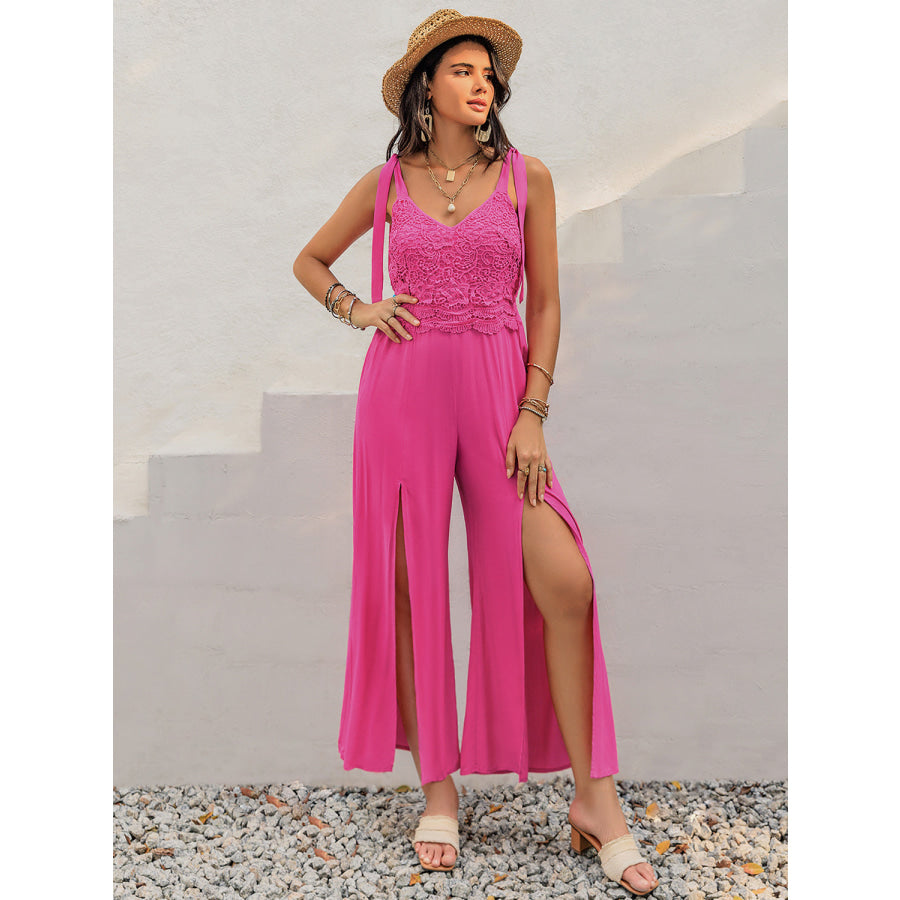 V-Neck Wide Strap Slit Jumpsuit Apparel and Accessories