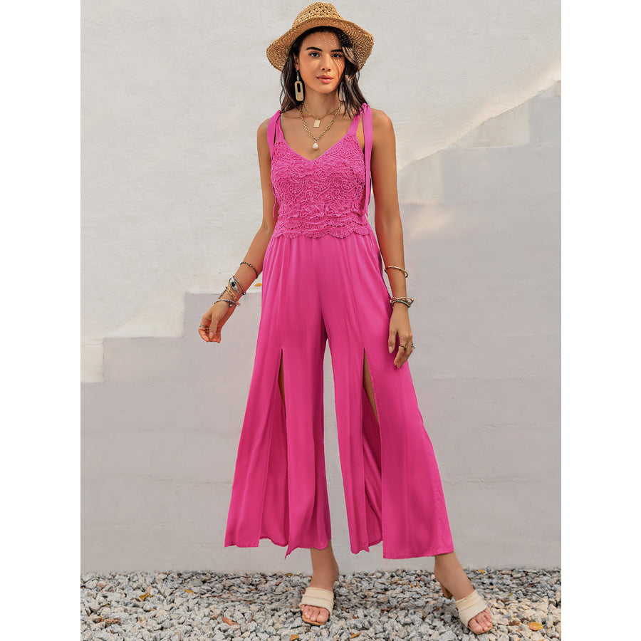 V-Neck Wide Strap Slit Jumpsuit Apparel and Accessories