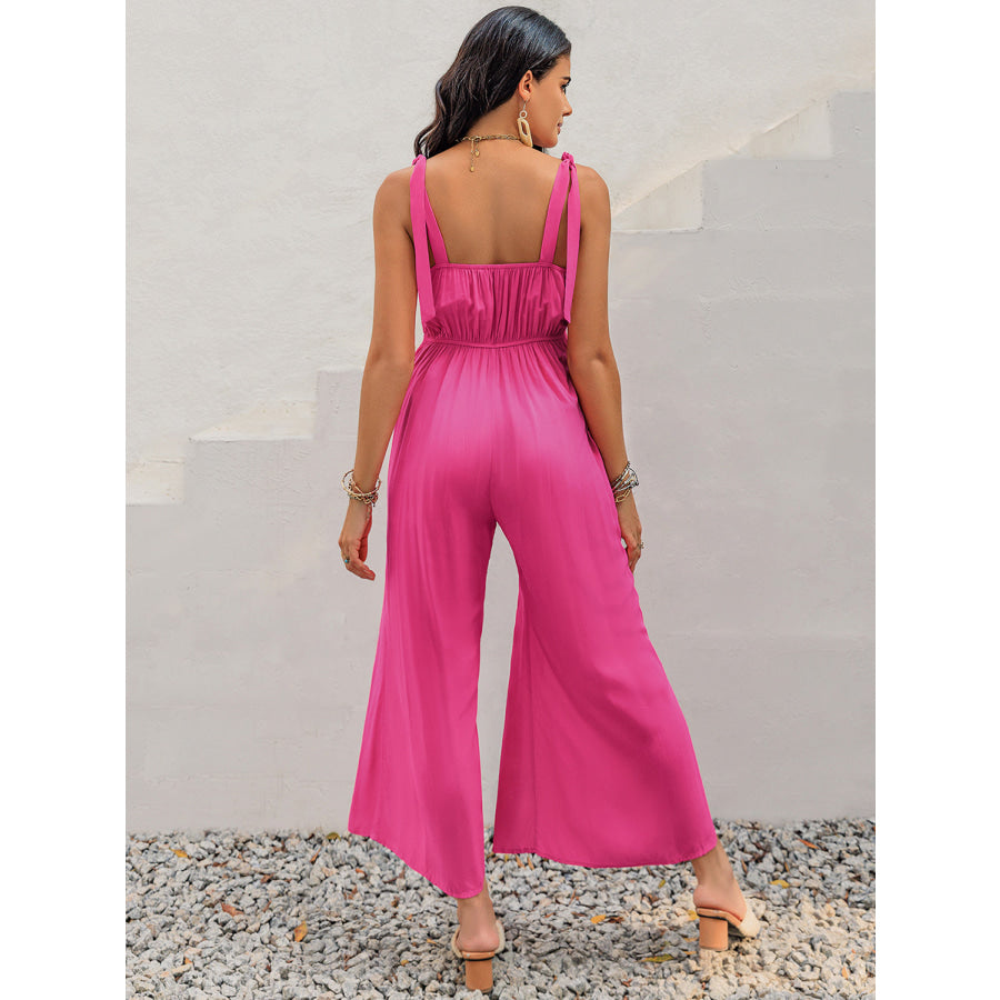 V-Neck Wide Strap Slit Jumpsuit Apparel and Accessories