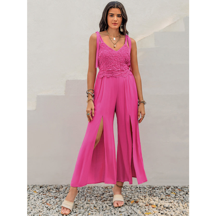 V-Neck Wide Strap Slit Jumpsuit Hot Pink / S Apparel and Accessories