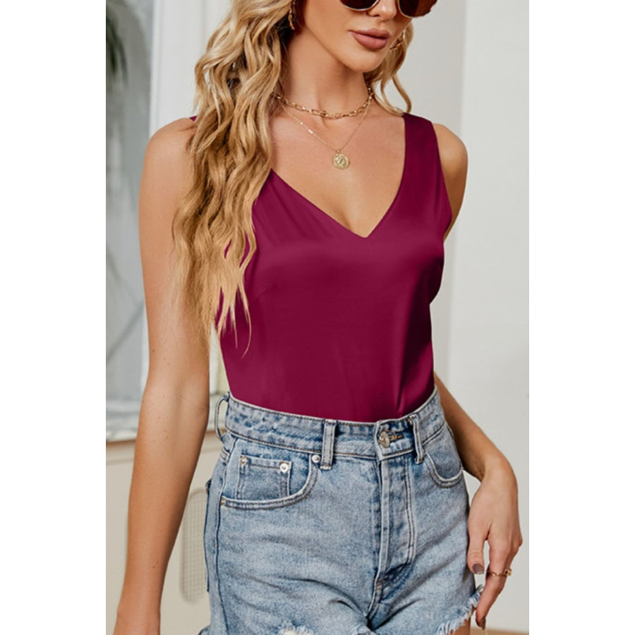 V - Neck Wide Strap Tank Wine / S Apparel and Accessories