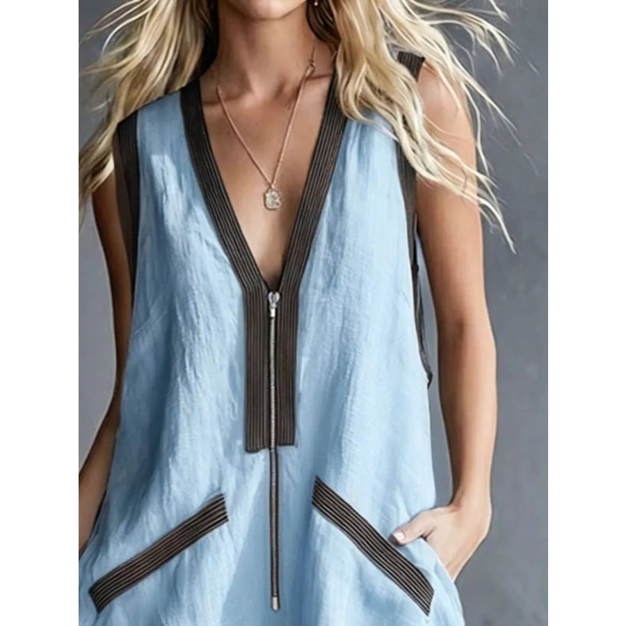 V-Neck Zipper Front Romper with Contrast Trim Apparel and Accessories