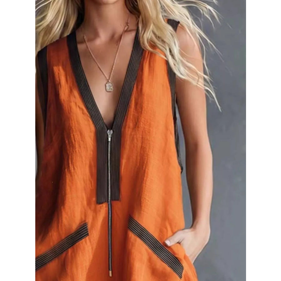 V-Neck Zipper Front Romper with Contrast Trim Apparel and Accessories