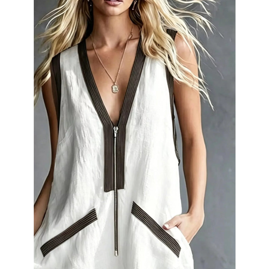 V-Neck Zipper Front Romper with Contrast Trim Apparel and Accessories