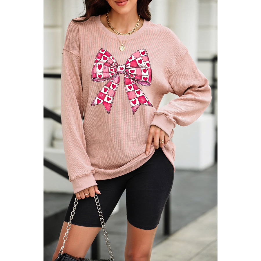 Valentine’s Day Bow Drop Shoulder Long Sleeve Sweatshirt Apparel and Accessories