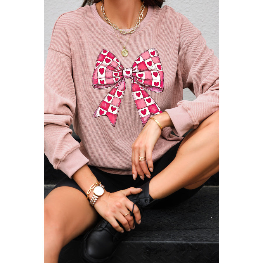 Valentine’s Day Bow Drop Shoulder Long Sleeve Sweatshirt Apparel and Accessories