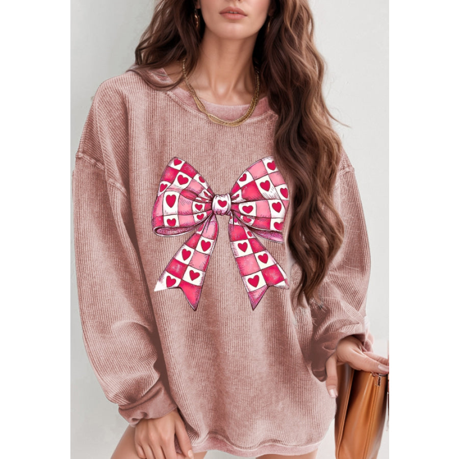 Valentine’s Day Bow Drop Shoulder Long Sleeve Sweatshirt Dusty Pink / S Apparel and Accessories