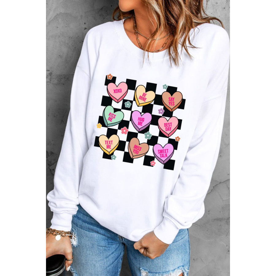 Valentine’s Day Checkered Heart Long Sleeve Sweatshirt White / S Apparel and Accessories