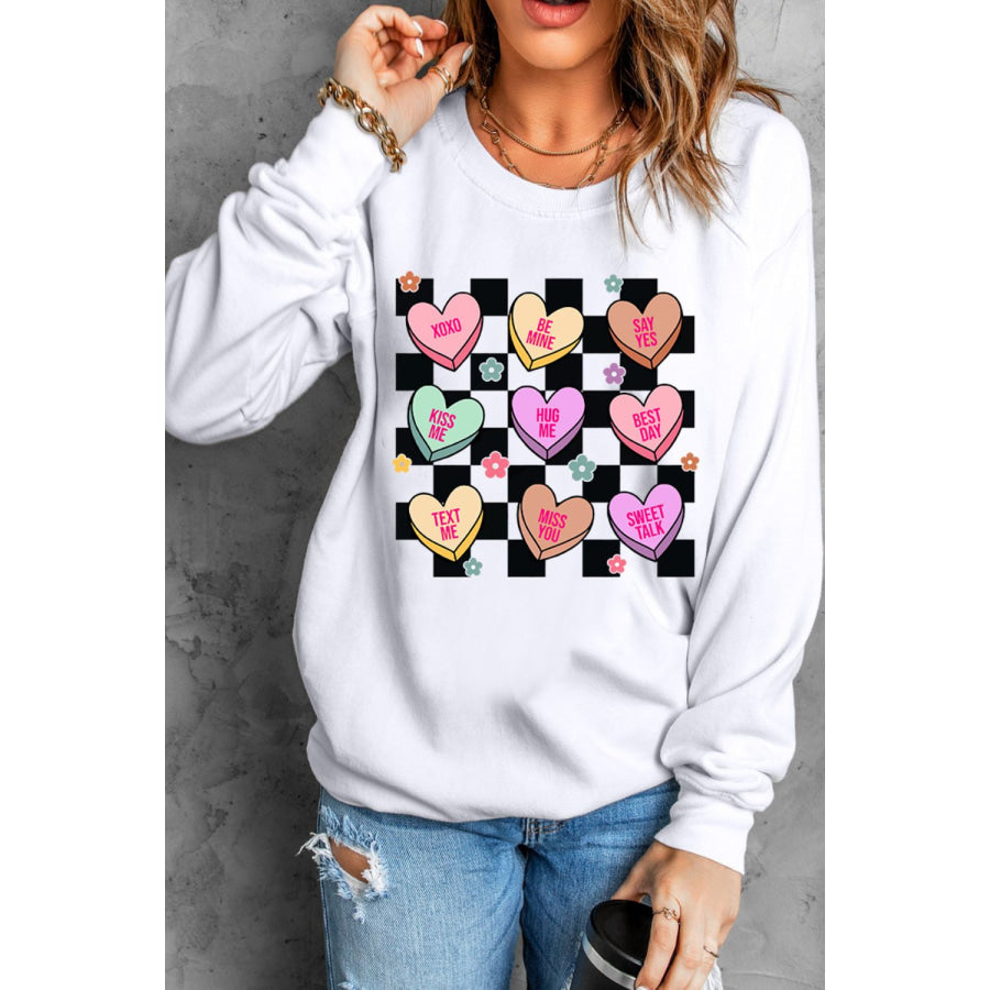 Valentine’s Day Checkered Heart Long Sleeve Sweatshirt White / S Apparel and Accessories