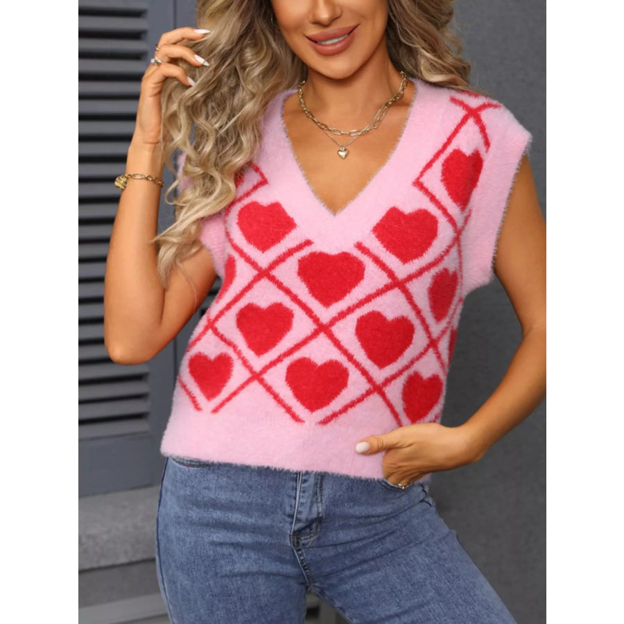 Valentine’s Day Fluffy Heart Pattern V-Neck Sweater Vest Apparel and Accessories