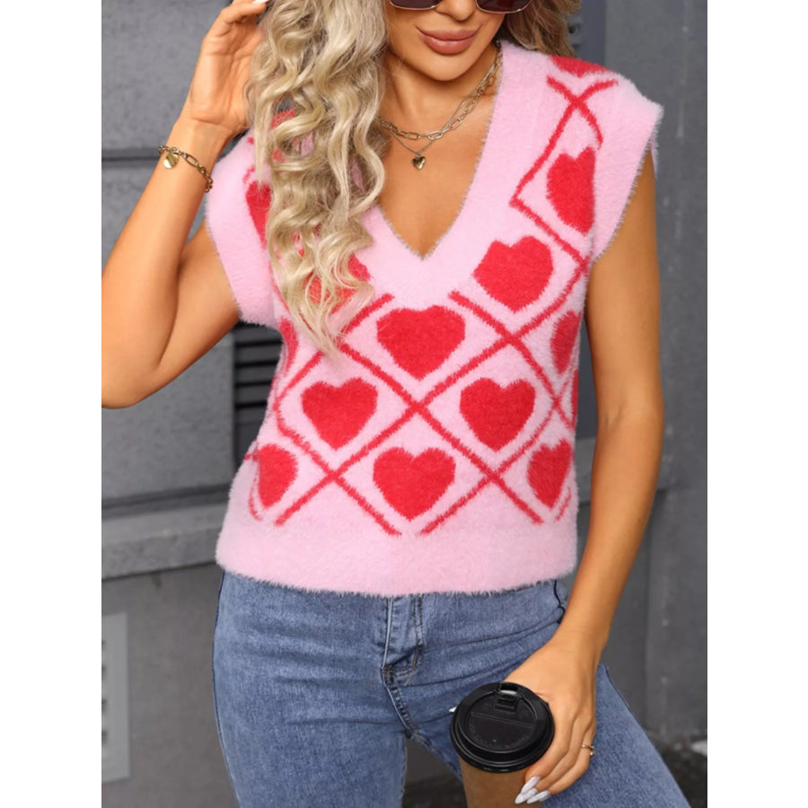 Valentine’s Day Fluffy Heart Pattern V-Neck Sweater Vest Apparel and Accessories