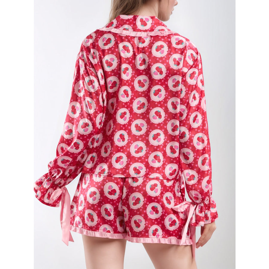 Valentine’s Day Frill Strawberry Print Flounce Sleeve Top and Shorts Lounge Set Apparel and Accessories