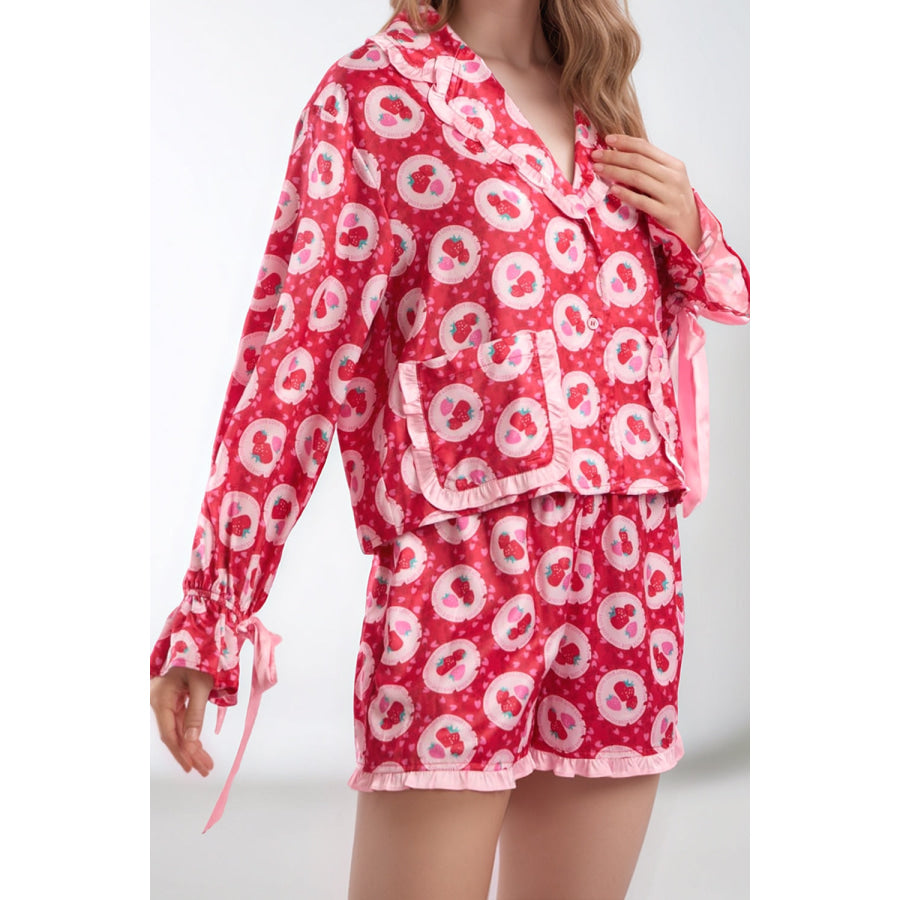 Valentine’s Day Frill Strawberry Print Flounce Sleeve Top and Shorts Lounge Set Apparel and Accessories