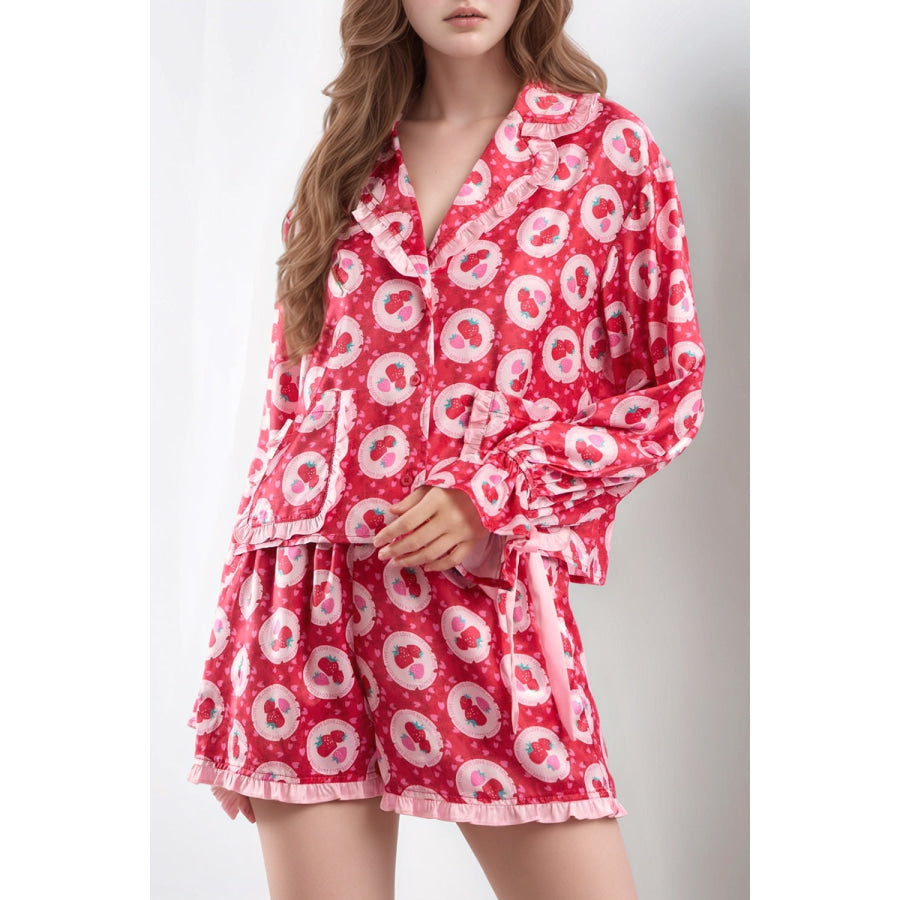 Valentine’s Day Frill Strawberry Print Flounce Sleeve Top and Shorts Lounge Set Apparel and Accessories