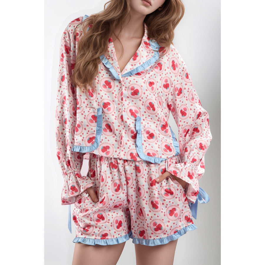 Valentine’s Day Frill Strawberry Print Flounce Sleeve Top and Shorts Lounge Set Apparel and Accessories