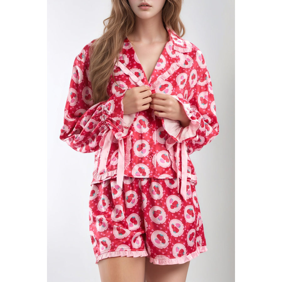 Valentine’s Day Frill Strawberry Print Flounce Sleeve Top and Shorts Lounge Set Strawberry / S Apparel and Accessories