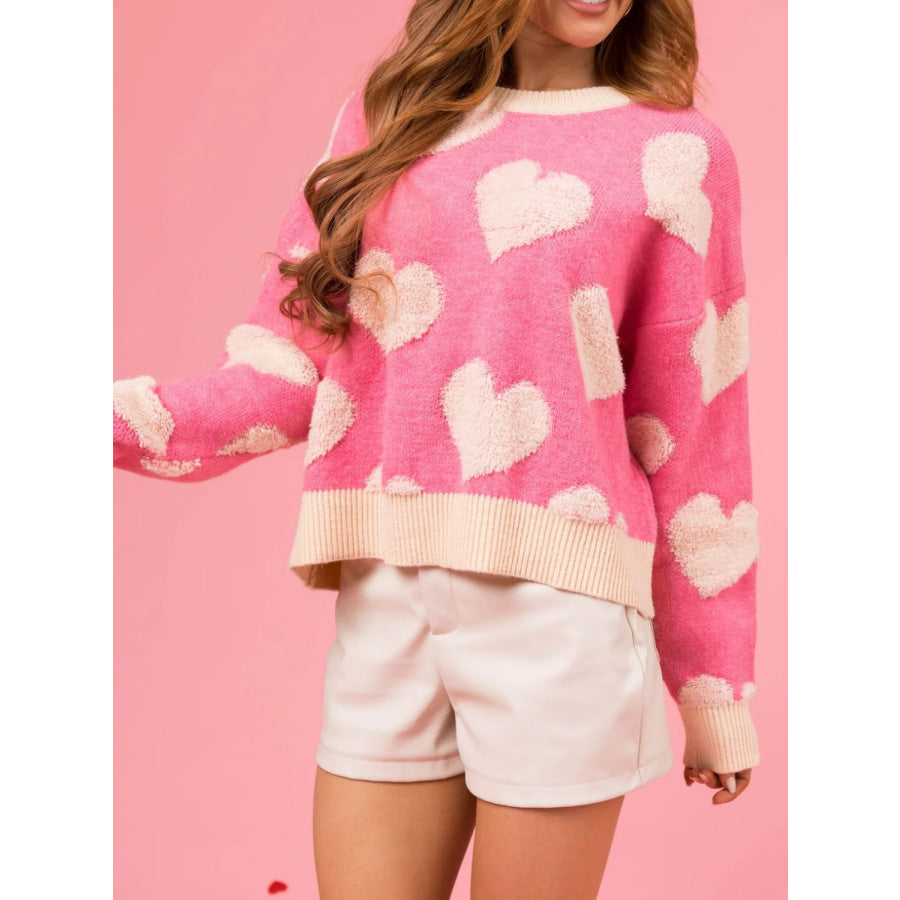 Valentine’s Day Fuzzy Heart Round Neck Long Sleeve Sweater Apparel and Accessories